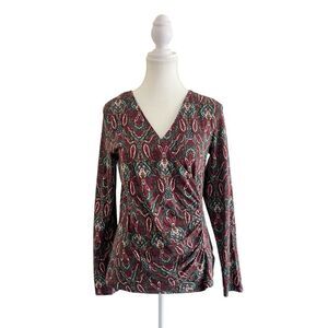 Talbots Faux Wrap Jewel Tone V-Neck Blouse Size Small Long Sleeve Paisley